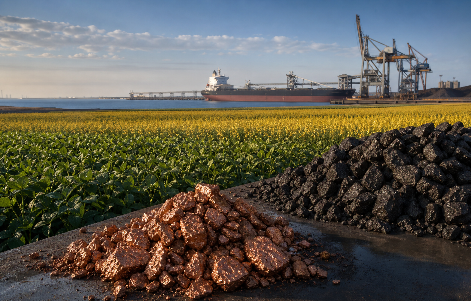 Copper and iron ore beside soybean and canola fields with a bulk cargo port